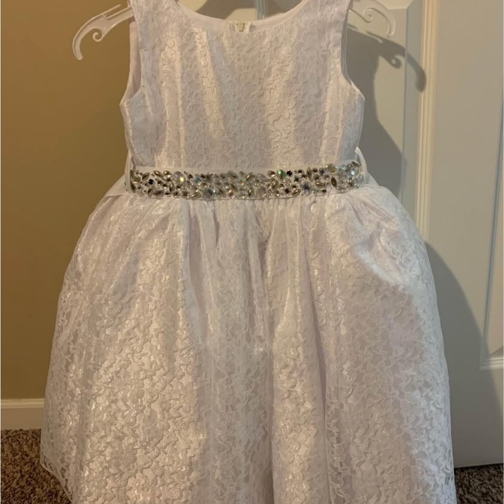 Elegant puffy White Lace Kids Dress with Silver Accents